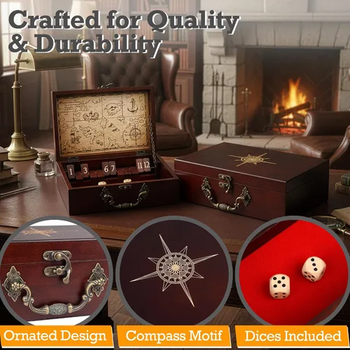 Vista 4 de STERLING Juego de 12 números Shut The Box Caja de madera Estuche de viaje con temática náutica Juego de dados familiares para niños y adultos