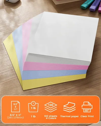 Vista 2 de Phomemo 100 piezas de papel de impresora térmica a color 8.5 ''×11