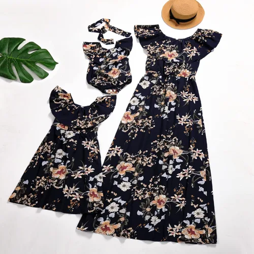 Vista 5 de PopReal - Vestidos con estampado floral a juego para madre e hija, de gasa, con volantes, manga corta, para la playa, con diadema, con tira de tela