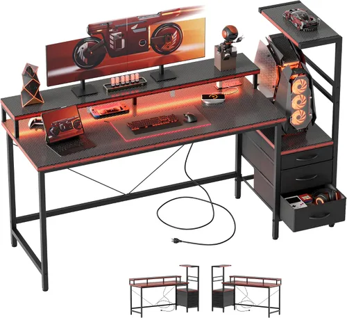 Vista 12 de Mericonia Escritorio para juegos con tomas de corriente y luces LED, escritorio reversible para computadora con soporte para caja de PC, cajones