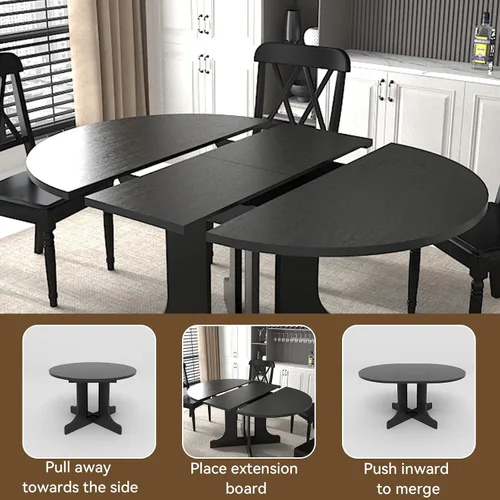 Vista 5 de Juego de mesa de comedor extensible negra de 43"-59" para 2, juego de mesa de comedor de 3 piezas con 2 sillas, mesa de cocina redonda de madera que