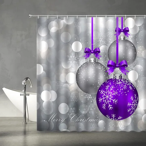 Vista 4 de Cortina de ducha de Feliz Navidad, bola de Navidad azul y plateada, brillante, impresa, feliz año nuevo, fiesta, juego de decoración de baño