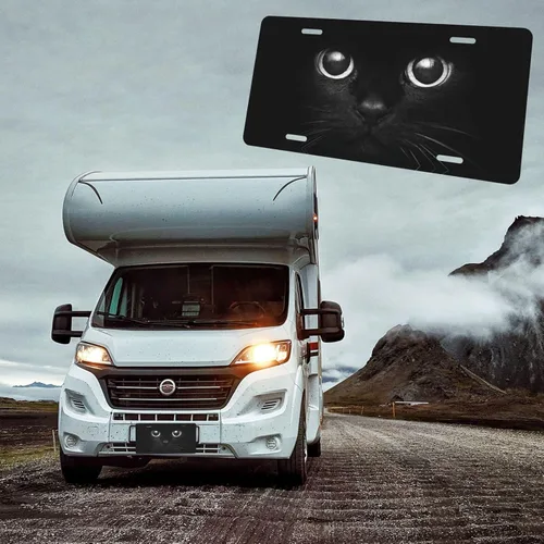 Vista 5 de Placa de matrícula frontal decorativa de aluminio con ojos de gato negro observando, placas de matrícula divertidas de metal, placa de automóvil
