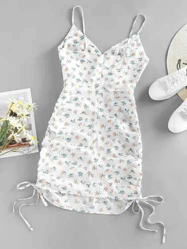Vista 3 de ZAFUL Women's Ditsy Floral Cami Mini Dress Ruffle Ruched Bodycon Dress Mermaid Flare Dress