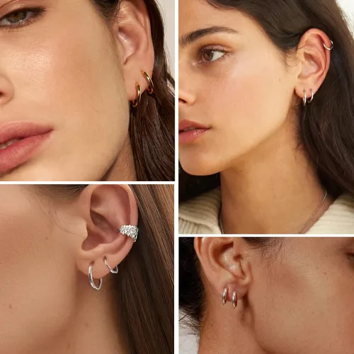 Vista 4 de Senteria Aretes de aro chapados en plata de ley 925, 5 pares de aretes de aro de plata hipoalergénica para mujeres, para cartílago, juego de aretes