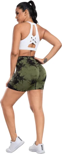 Vista 5 de CHRLEISURE Pantalones Cortos de Entrenamiento para Mujer, 4 Paquetes, Cintura Alta, Levantamiento de Glúteos con Fruncido, Pantalones Cortos Booty
