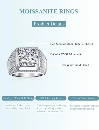 Vista 3 de Anillo de moissanita para hombre, de 2 a 5 quilates, solitario de moissanita, plata de ley con chapado en oro blanco de 18 quilates, color D