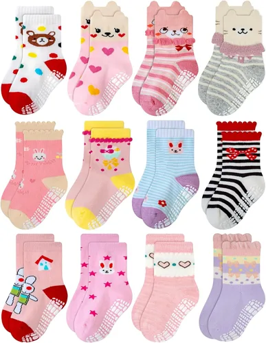 Vista 12 de RATIVE Calcetines de algodón antideslizantes antideslizantes con puños para bebés, niños y niñas