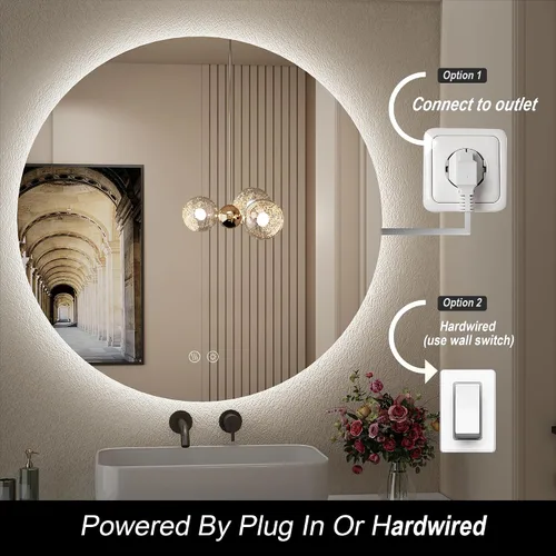 Vista 4 de Espejo Redondo Retroiluminado LED de 32 Pulgadas para Tocador, Espejo de Baño Iluminado Regulable 6000K Montado en Pared con Luces, Antivaho