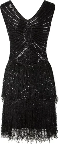 Vista 2 de Vijiv 1920s estilo inspirado Charleston lentejuelas capa borla cóctel vestido de flecos