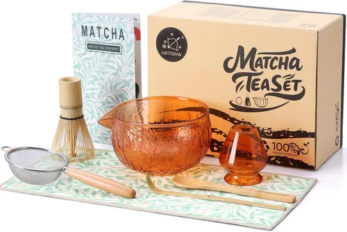 Vista 2 de Juego de batidor de matcha, 7 piezas, el kit de matcha incluye cuenco matcha, batidor y soporte de matcha, cuchara de bambú, cuchara, tamiz y toalla