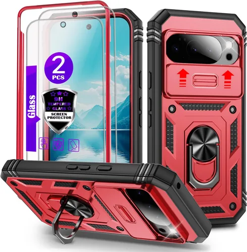 Vista 17 de Funda para Pixel 9 Pro XL con cubierta deslizante para cámara, 2 protectores de pantalla de vidrio templado, soporte de anillo giratorio de 360°