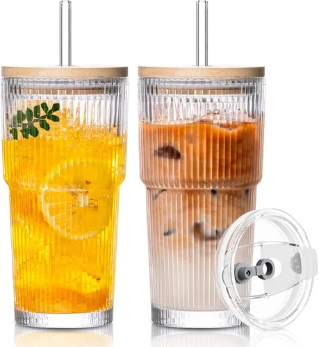 Vista 11 de SoulTimes Vaso de cristal de flor de Begonia de 13 onzas con tapa y pajita, vasos de café helado para batidos, matcha, jugo, agua, etc. Cristalería