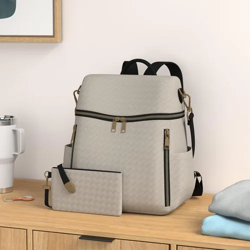 Vista 2 de Makes Mochila para mujer, de piel sintética, bolsa de viaje con diseño convertible con monedero, 2 piezas