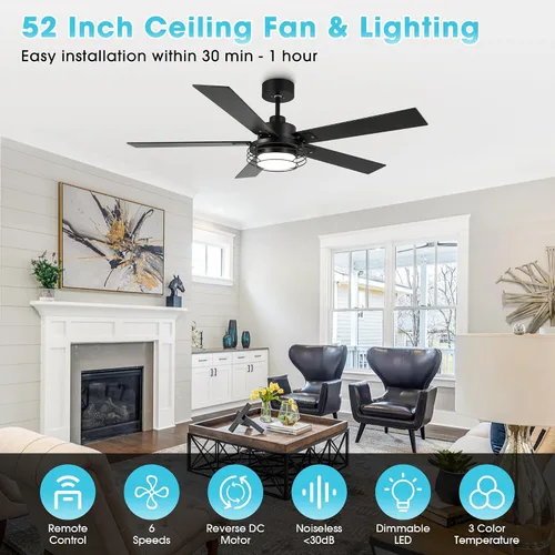 Vista 2 de Ventiladores de techo con luces y control remoto, ventilador de techo de granja de 52 pulgadas para dormitorio, sala de estar, patios, ventiladores