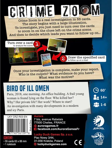 Vista 3 de Lucky Duck Games Crime Zoom: Bird of Ill Omen - Atractivo juego de cartas de detectives para amantes del misterio, juego cooperativo para niños