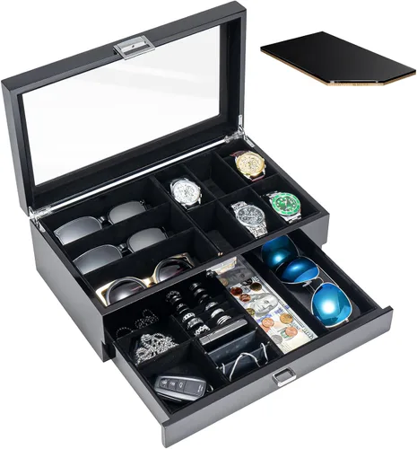 Vista 2 de ProCase Lacquered Finish Wooden Men's Jewelry Box Bundle with 18 Slots Sunglasses Organizer