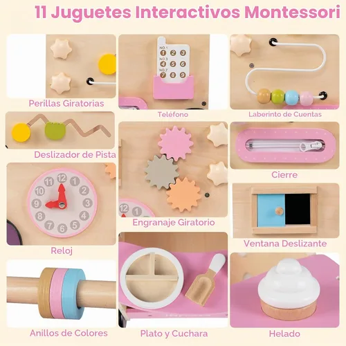 Vista 4 de OLAKIDS Andador de madera para bebés con centro de actividades, juguete Andador de pie con cochecito de muñeca, laberinto de cuentas, engranajes