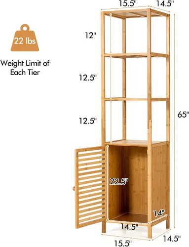 Vista 3 de LOKO Gabinete alto de bambú, gabinete de almacenamiento estrecho para baño con estantes de 3 niveles y puerta de obturador, gabinete de torre