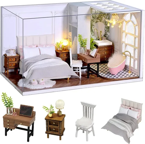 Vista 12 de CUTEROOM Juego de bricolaje para casa de muñecas en miniatura con muebles de madera, kit de casa de madera con cubierta antipolvo y luz LED