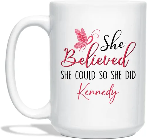 Vista 8 de Taza de café de concientización sobre el cáncer de mama con nombre personalizado, taza de café de 11 onzas, taza de té de cerámica blanca