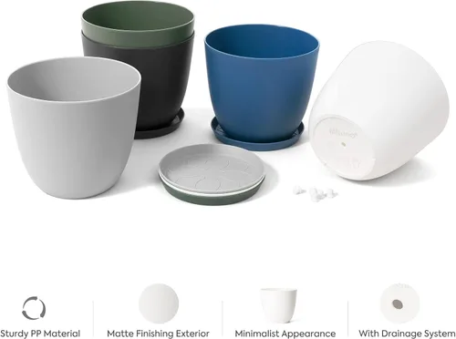 Vista 5 de Mkono Macetas de plástico de 7.5 pulgadas para plantas con platillos, juego de 5 macetas de plástico para interiores, maceta moderna con orificio
