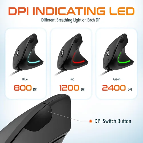 Vista 7 de Delton Ratón ergonómico con cable vertical S12, 6 botones, 3 niveles de DPI ajustables (800/1200/1600) y rueda de desplazamiento 3D, compatible