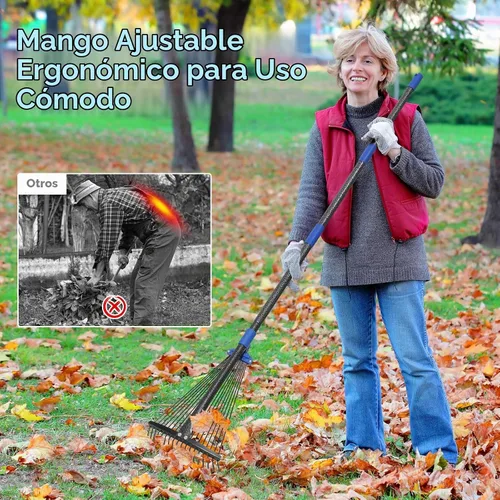 Vista 6 de Rastrillo de jardín ajustable para hojas - Rastrillo de metal resistente con cabeza expandible de 8-17" de largo, mango largo para césped, arbustos
