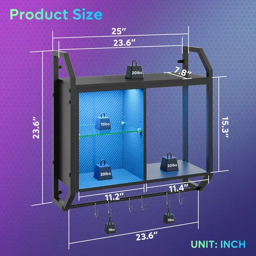 Vista 3 de Bestier Estantes flotantes LED de 25" para juegos en pared, estante montado en la pared con tubo ajustable de vidrio, estante de exhibición colgante