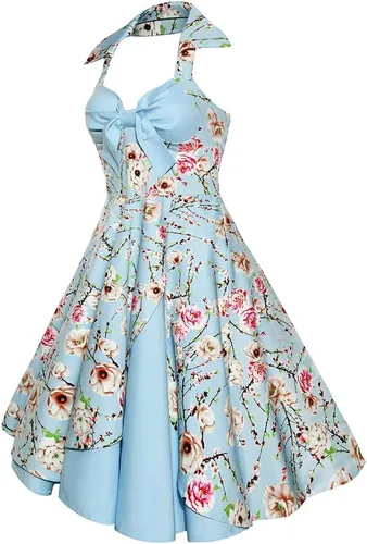 Vista 2 de Vestido vintage de lunares de los años 50 Rockabilly Halter Audrey vestido retro floral de noche cóctel swing
