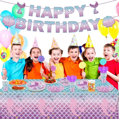 Vista 7 de Juego de 122 decoraciones para fiesta de cumpleaños de sirena, incluye platos, servilleta, tenedor, taza, mantel, pancarta para baby shower