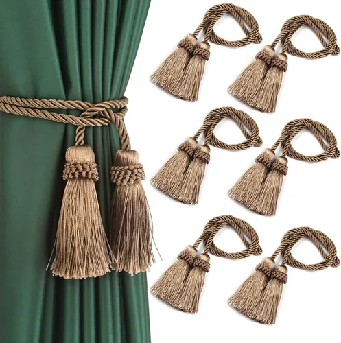 Vista 22 de Sujetadores de Cortina Hechos a Mano Decorativos Alzapaños de Cortina con Cuerda y Borla (Beige, 2P)