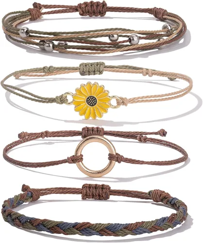 Vista 18 de Pulsera de cuerda trenzada hecha a mano con diseño de girasol para adolescentes y mujeres Beige