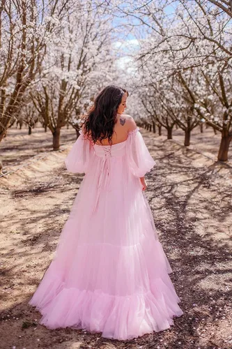 Vista 4 de Vestido de tul para baby shower, con volantes, vestido de maternidad para sesión de fotos, manga larga, vestidos de maternidad para sesión de fotos