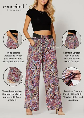 Vista 5 de Pantalones Palazzo de alta calidad para mujer con bolsillos, cintura alta, diseños sólidos e impresos, Palazzo, talla única