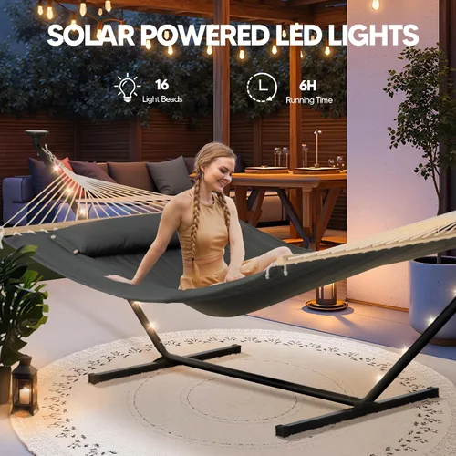 Vista 2 de SUNCREAT Hamaca doble con soporte de 12 pies, luces solares incluidas, hamaca al aire libre para exterior, gris oscuro