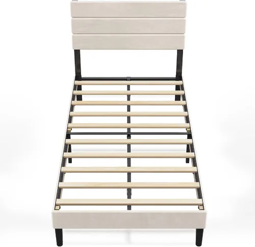 Vista 3 de WLIVE Base de cama tapizada, marcos de cama individual con cabecero, cama de plataforma con listones de madera, base de colchón de 600 libras,
