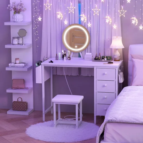Vista 4 de Escritorio de Tocador Blanco con Espejo y Luz - Juego de Tocador de Maquillaje con Mesa y Silla, Almacenamiento, Espejo Iluminado, 4 Cajones Grandes