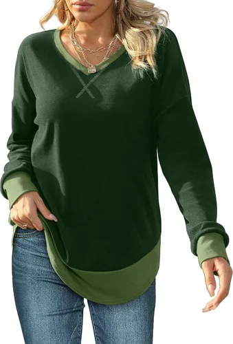 Vista 4 de Bofell Sudadera para mujer 2023, bloque de color, cuello en V, manga larga, trajes de otoño a la moda
