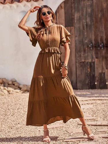 Vista 2 de PRETTYGARDEN Vestido maxi bohemio sin mangas con cuello cuadrado sin espalda de estilo Boho, vestido largo con dobladillo