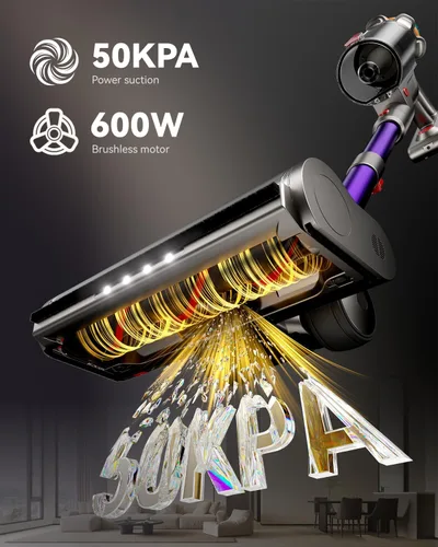 Vista 2 de Aspiradora Inalámbrica, 50KPA 65Min Taza de Polvo XL Aspiradoras para el Hogar, Aspiradora de Palo con Cepillo Anti-Enredos, Pantalla LED