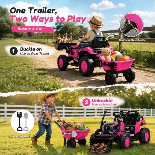 Vista 9 de Tractor de paseo 4 en 1 de 24 V con cargador frontal desmontable Rosa Blaze