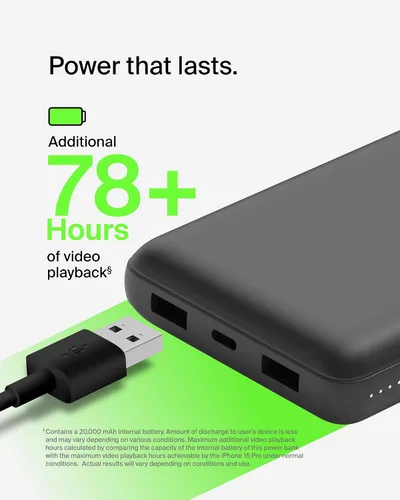 Vista 6 de Belkin Cargador Portátil, Batería Externa USB-C 20000 mAh con 2 Puertos USB-A, 15W con Cable Tipo-A a Tipo-C - iPhone 17, Air, Pro, Pro Max