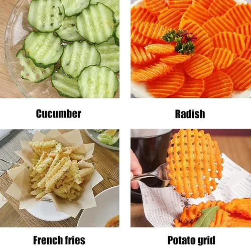 Vista 7 de Cortador de arrugas para verduras, de acero inoxidable, patata, zanahoria, virutas de verduras, onduladas, cortador de patatas fritas
