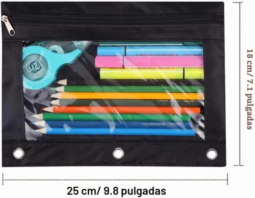 Vista 2 de Estuche para lápices con 3 anillas, con cremallera, estuche para cosméticos, color negro, paquete de 2