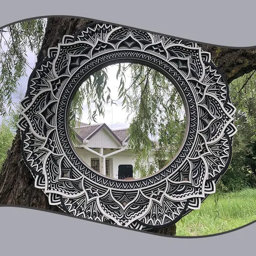 Vista 7 de BHDecor Espejo para decoración de pared para el hogar, marco tallado con láser de varias capas, elegante mandala de madera para colgar, paneles