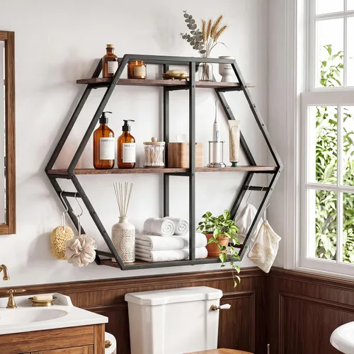 Vista 2 de Tangkula Estante hexagonal de pared, estantería geométrica de 3 niveles con 4 ganchos en forma de S y marco de metal resistente, estante