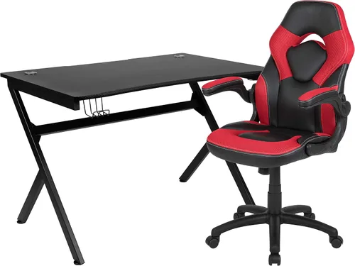Vista 76 de Flash Furniture Juego de escritorio para juegos negro y silla de carreras blanco/negro con soporte para tazas, gancho para auriculares y soporte