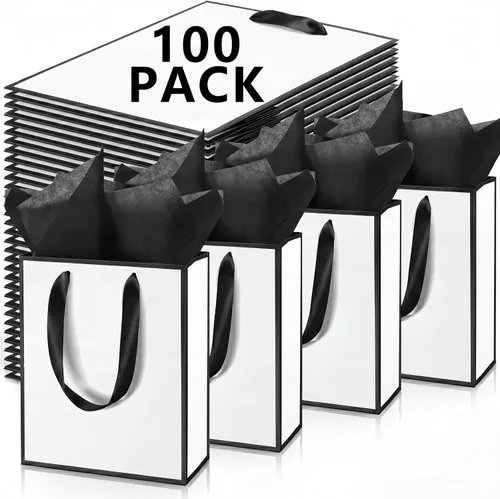 Vista 14 de Yeaqee Paquete de 100 bolsas metálicas de regalo con asa y papel de seda de papel de seda dorado para graduación, boda, padrinos de boda, regalos