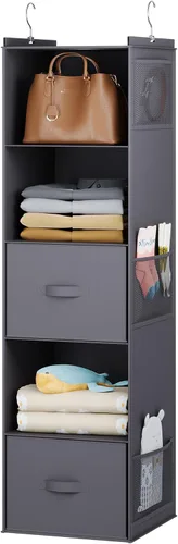 Vista 7 de YOUDENOVA Organizador colgante de armario, estantes colgantes de armario de 5 niveles con 6 bolsillos laterales y 2 cajones, color beige